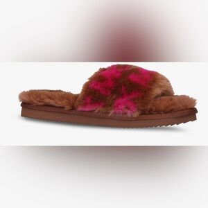 MICHAEL KORS Janis logo brown & pink logo faux-fur platform‎ slides size 10 new